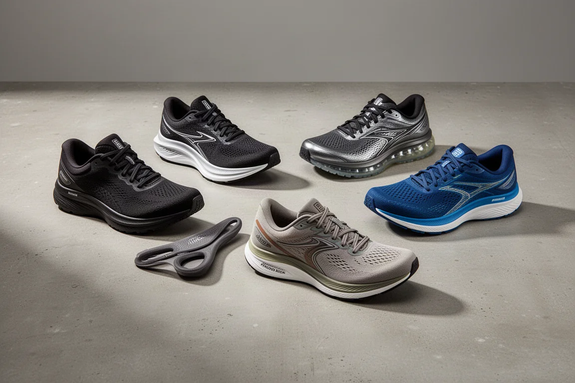 Sei diverse scarpe da running disposte su una superficie di cemento