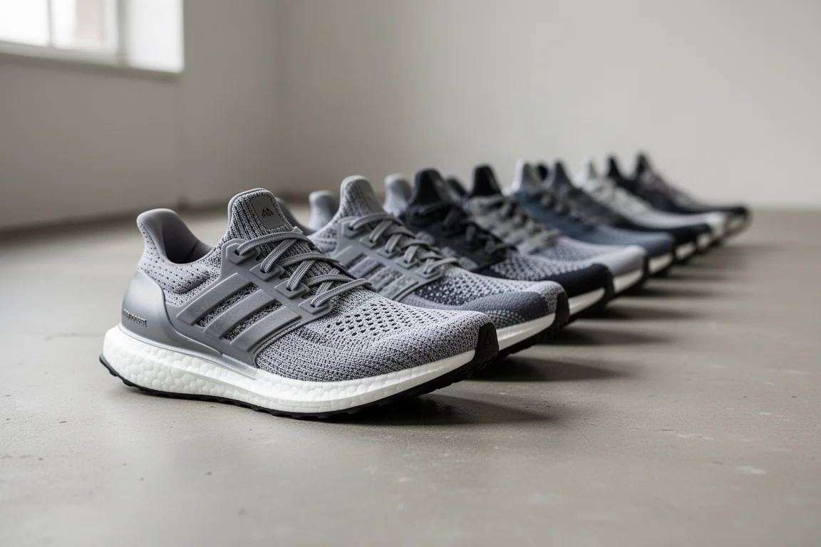 Una fila di scarpe da running allineate su un pavimento di cemento in studio, in attesa della recensione