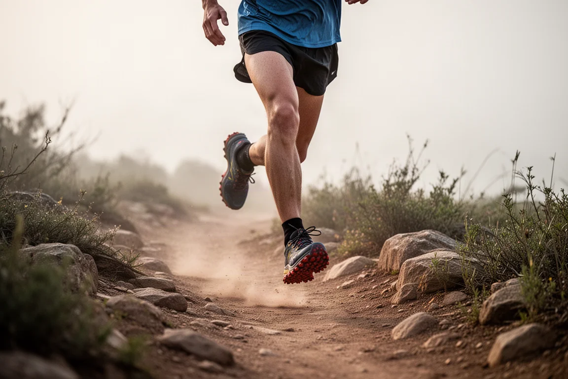 Trail runner su un sentiero sterrato roccioso nella morbida luce del mattino