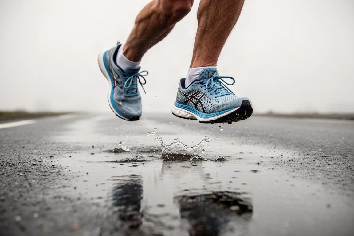 Primissimo piano dei piedi di un runner che colpiscono l'asfalto bagnato durante una corsa sotto la pioggia