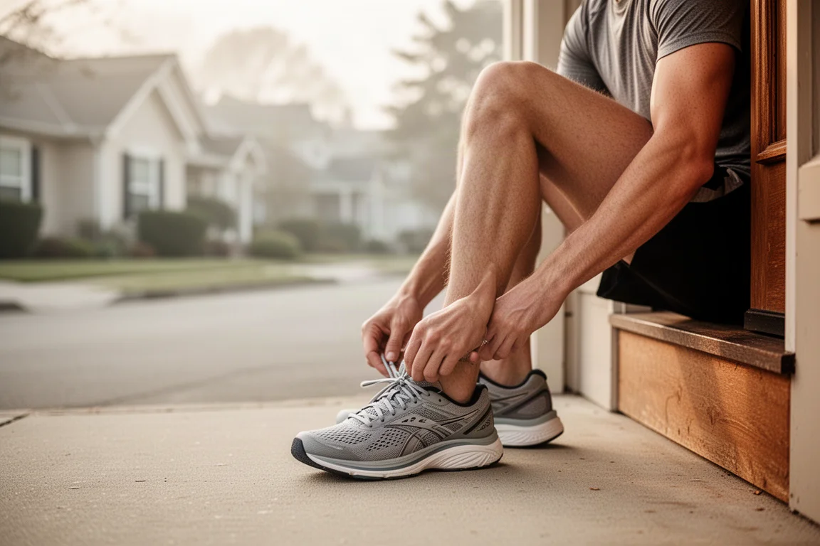 Runner che allaccia le scarpe da allenamento sulla porta di casa prima di una corsa mattutina