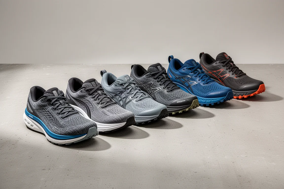 Collection of road and trail running shoes lined up on a concrete studio surface
