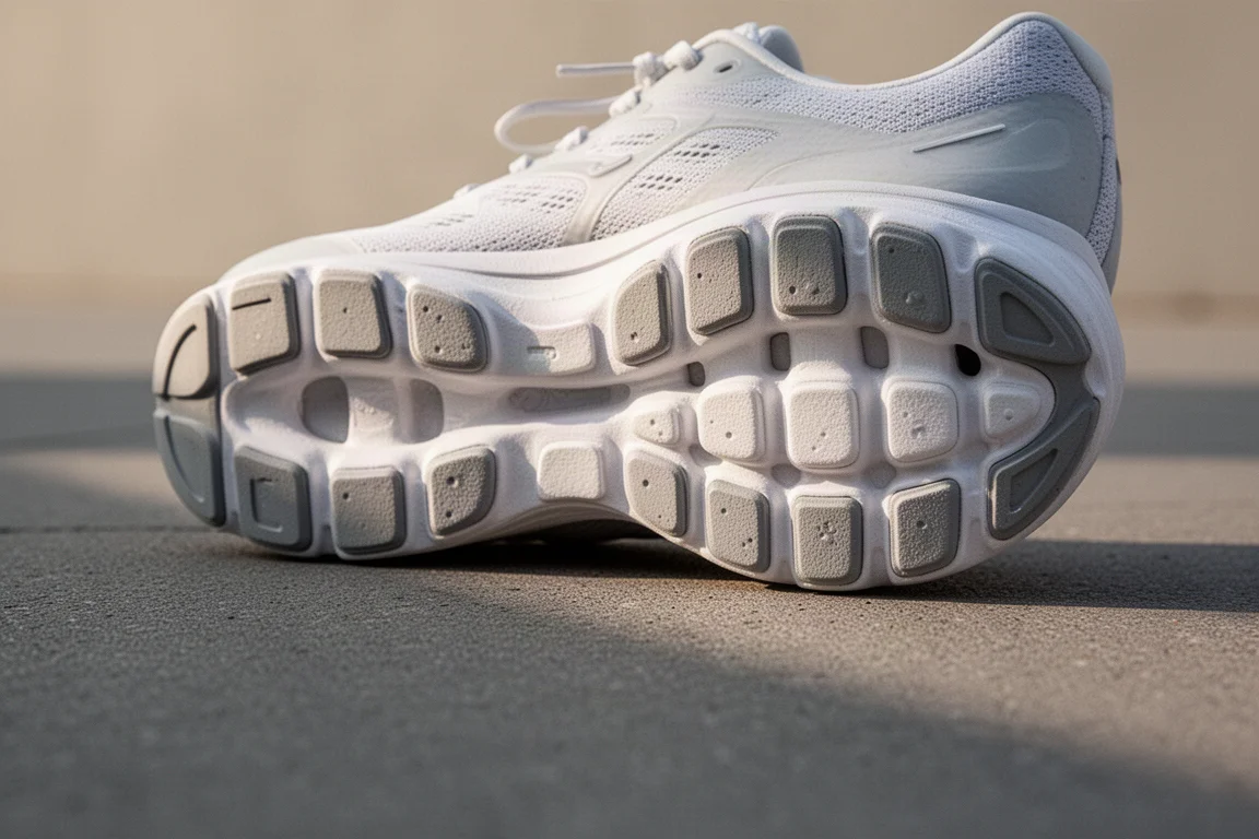 Close-up of a segmented cushioning outsole on a running shoe resting on pavement