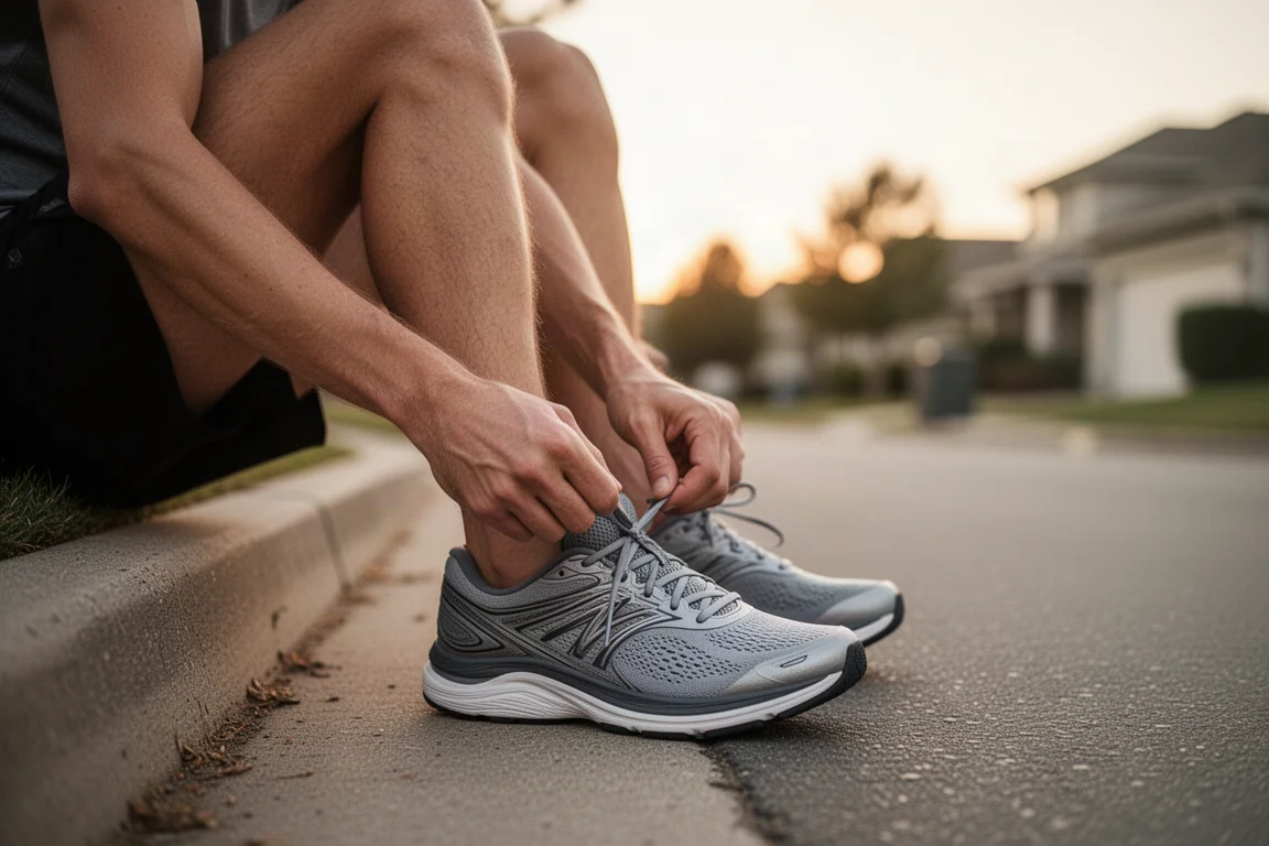 Runner lacing up a cushioned daily trainer on a quiet suburban street at dawn