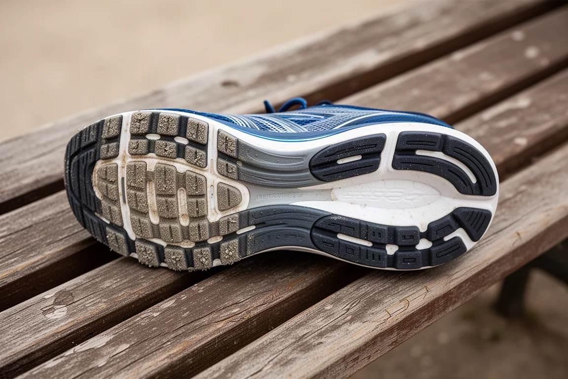 Outsole of a well-used running shoe showing moderate wear on a wooden bench