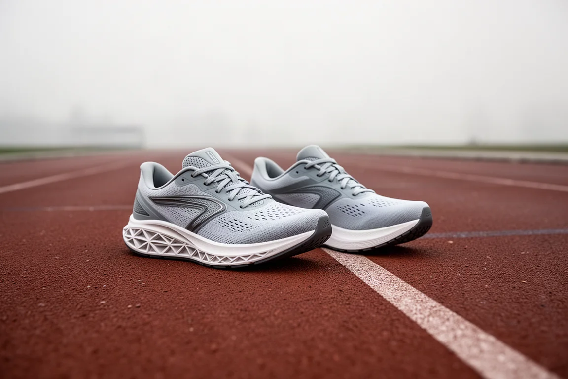 Pair of running shoes resting beside a running track under overcast light