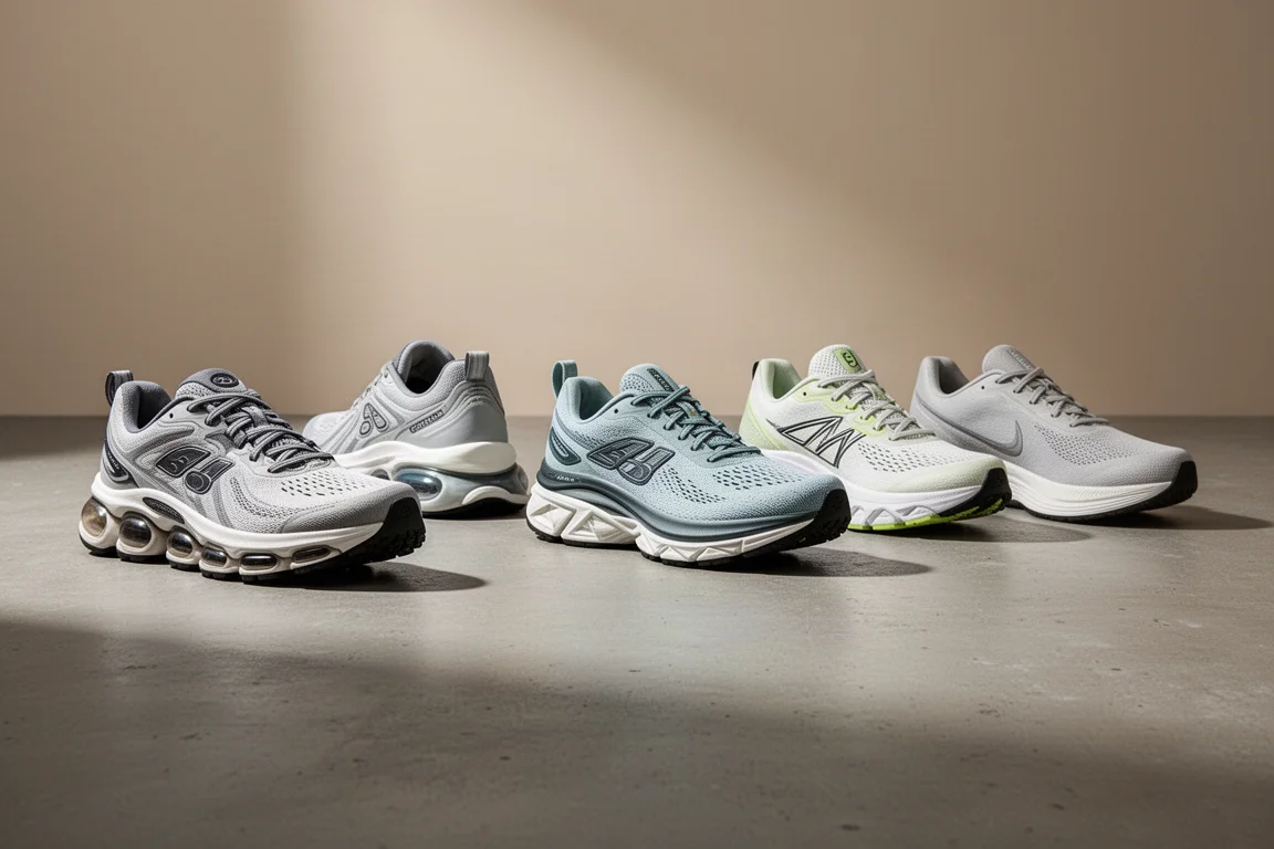 Five different running shoes arranged in a row on a concrete surface