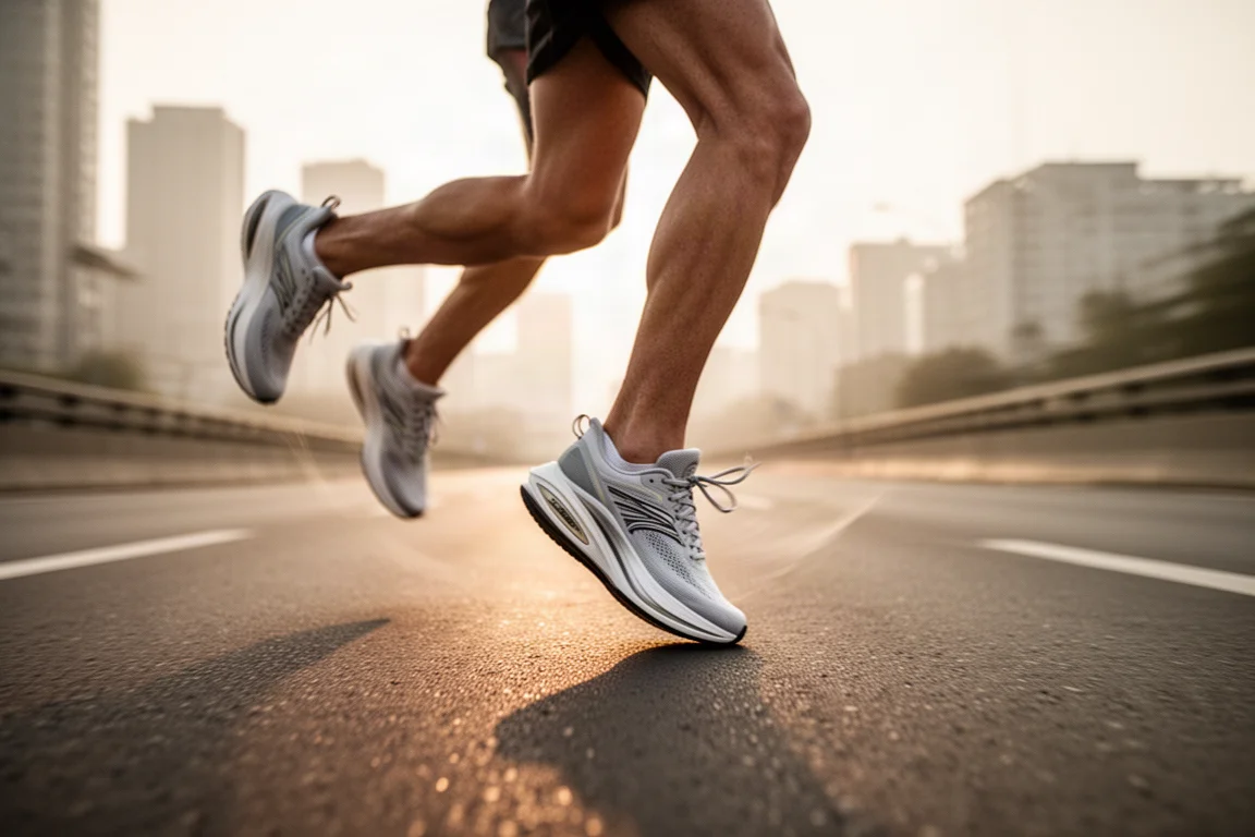 Runner che si allena su una strada all'alba indossando moderne scarpe da running ammortizzate