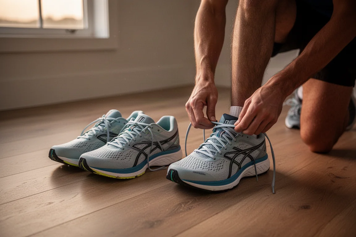 Runner che allaccia un paio di scarpe da gara leggere prima di una seduta di allenamento