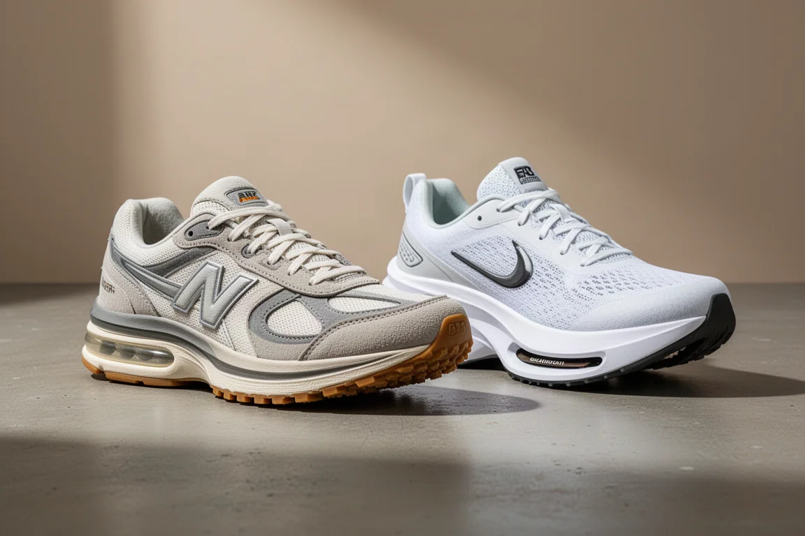 A vintage 1970s running shoe beside a modern high-stack racing shoe on concrete