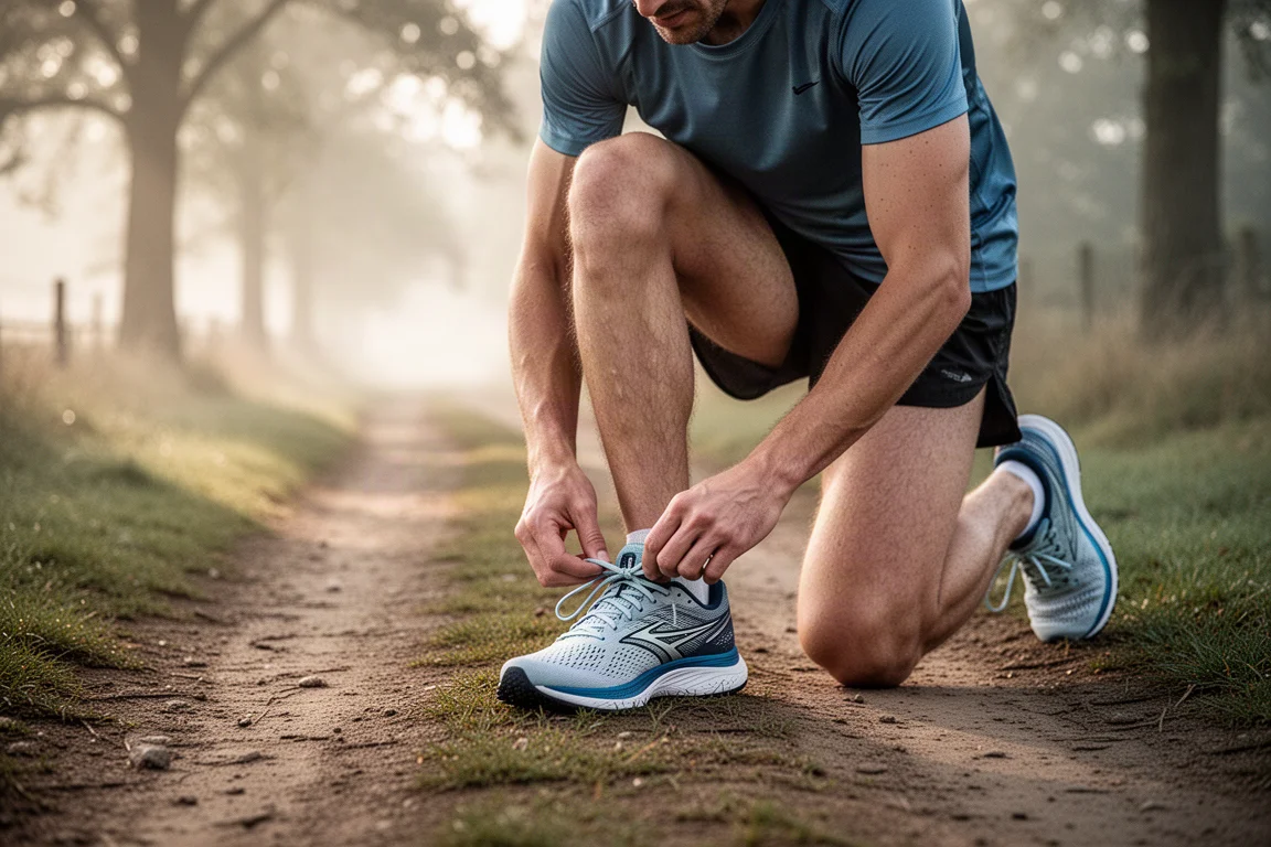 Runner che allaccia una scarpa da allenamento leggera su un tranquillo sentiero di campagna