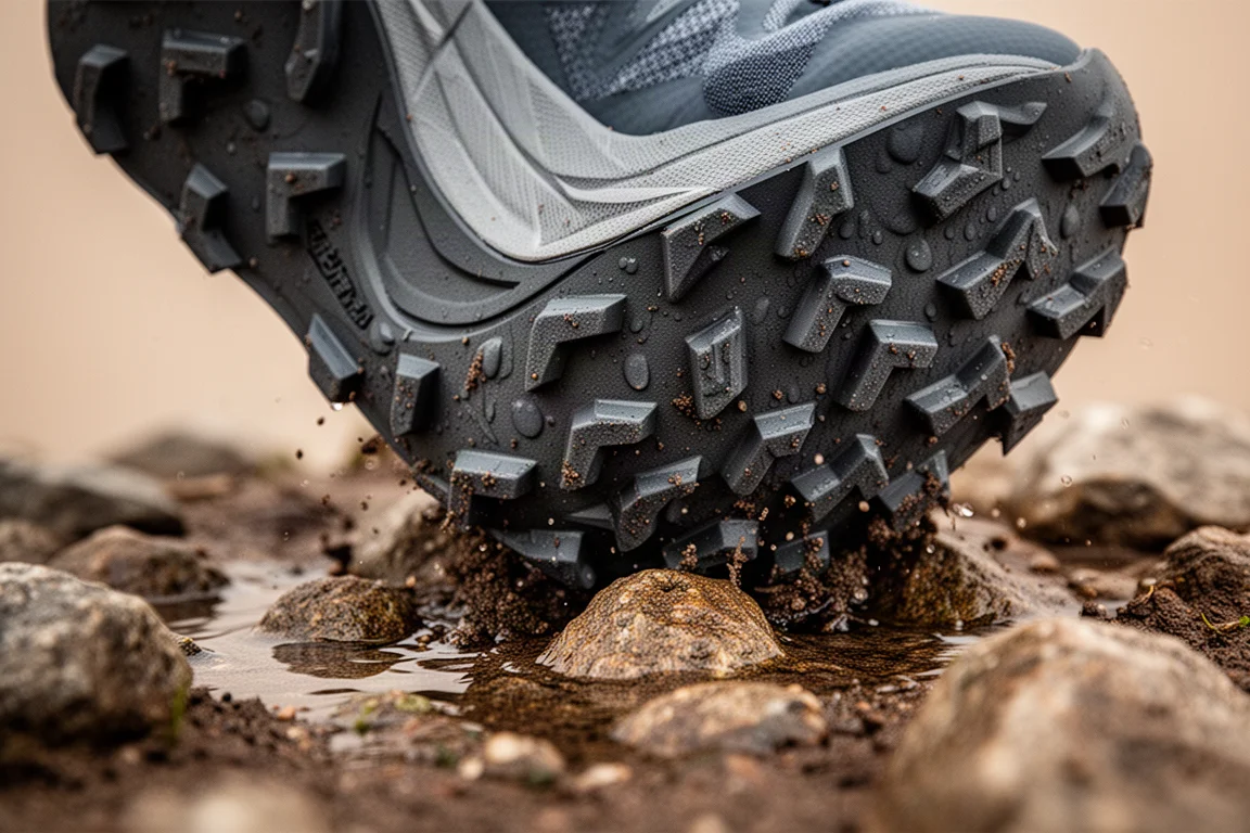 Primo piano della suola esterna di una scarpa trail che aderisce a terreno roccioso bagnato