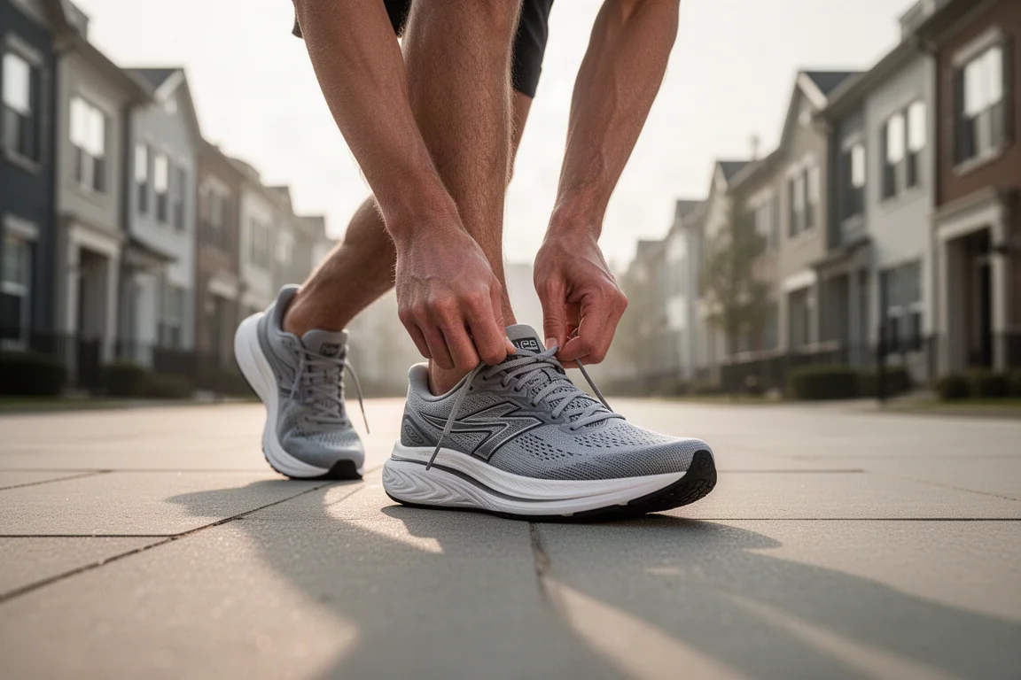 Runner lacing up a cushioned road trainer on a city pavement in morning light