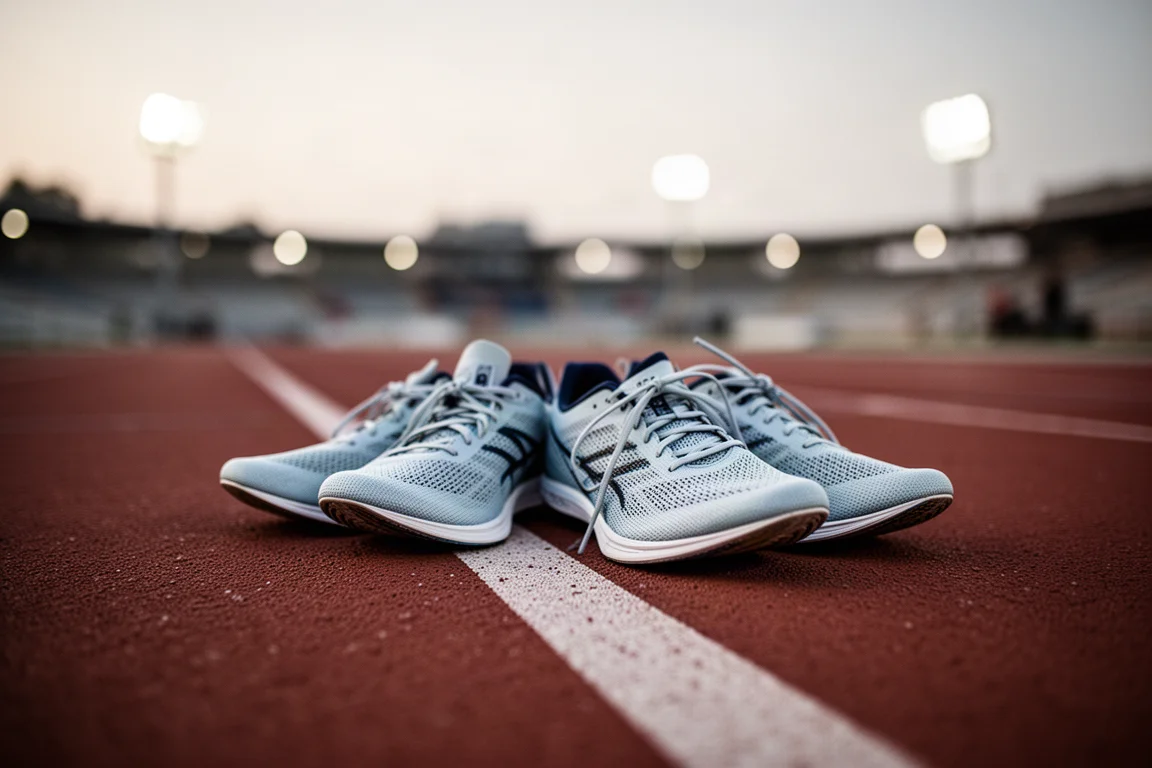 Track scene at dusk with racing flats on a lane marking