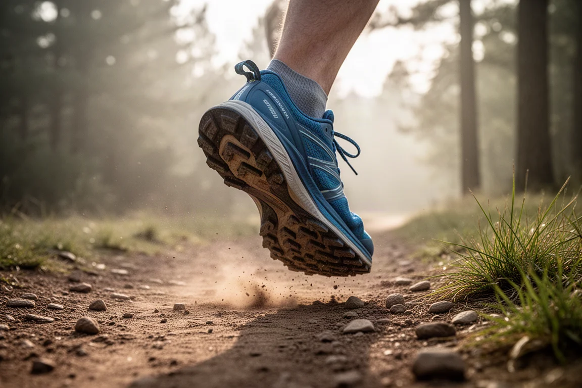 Trail runner on compact dirt path with grassy trailside detail