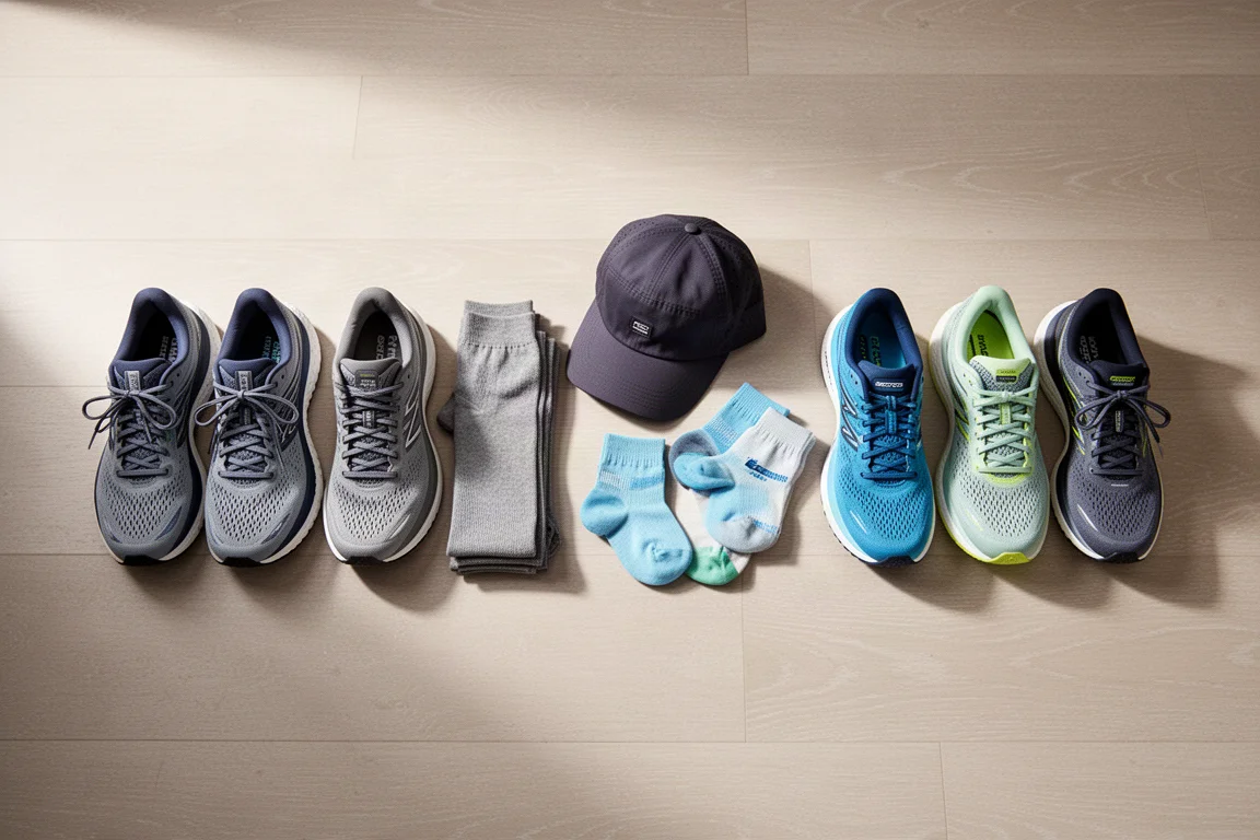 Collection of running shoes lined up on a wooden floor before a training week