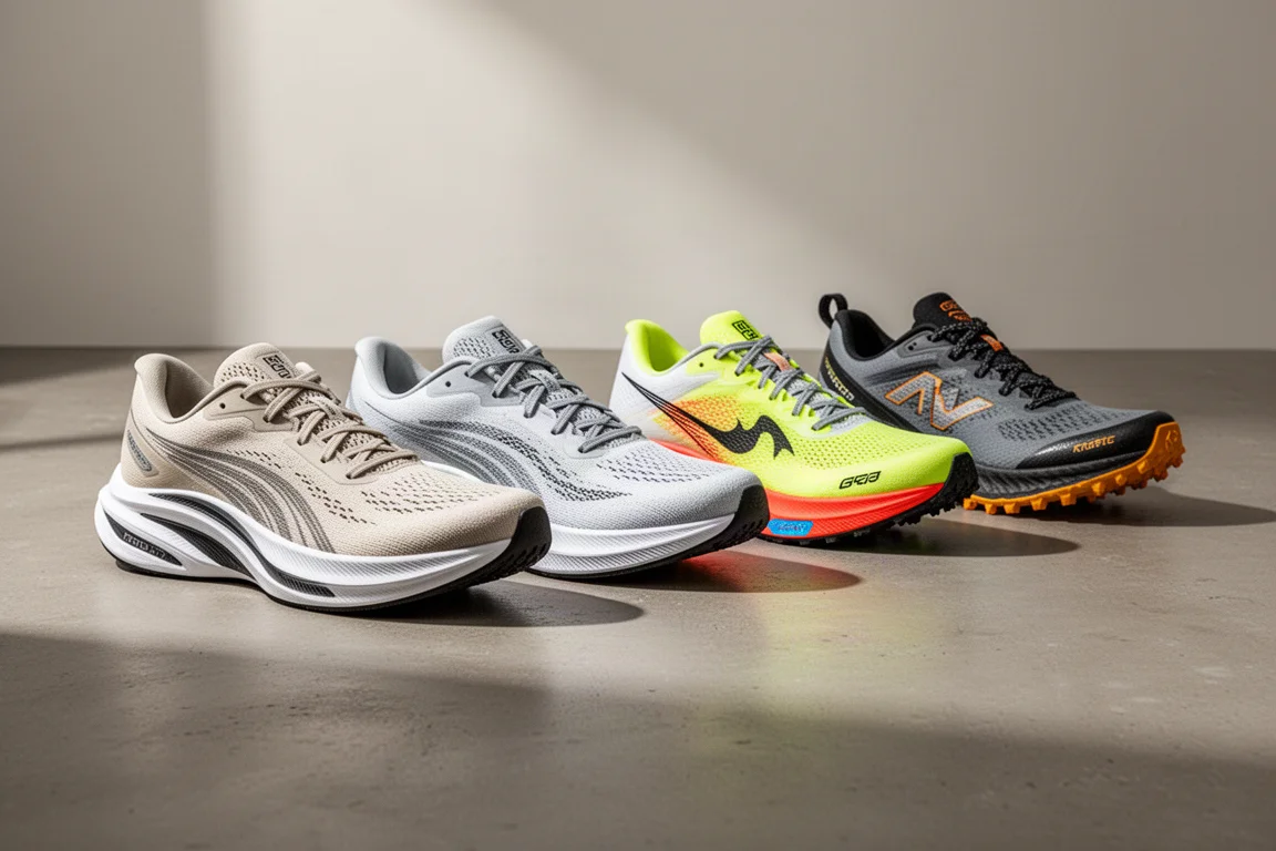 Lineup of road, race and trail running shoes on a concrete surface