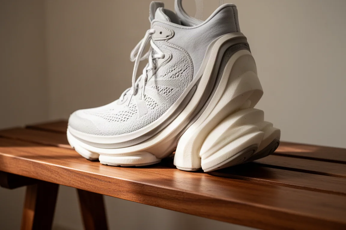 Primo piano di una intersuola a stack elevato di una scarpa da running appoggiata su una panchina di legno