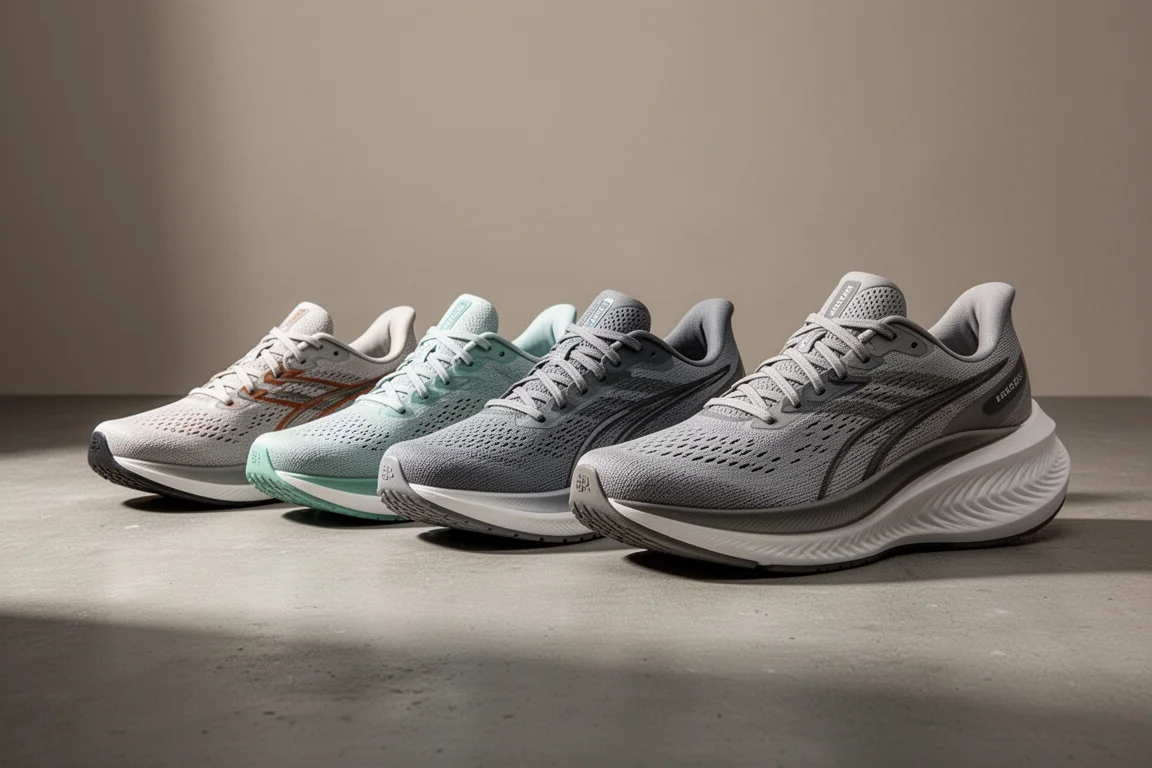 Five running shoes lined up on a matte concrete surface