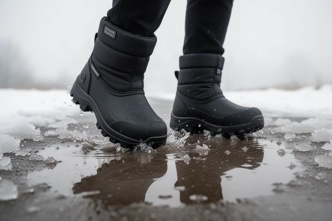 Wasserdichte Winter-Recovery-Schuhe, die durch matschigen Gehweg schreiten