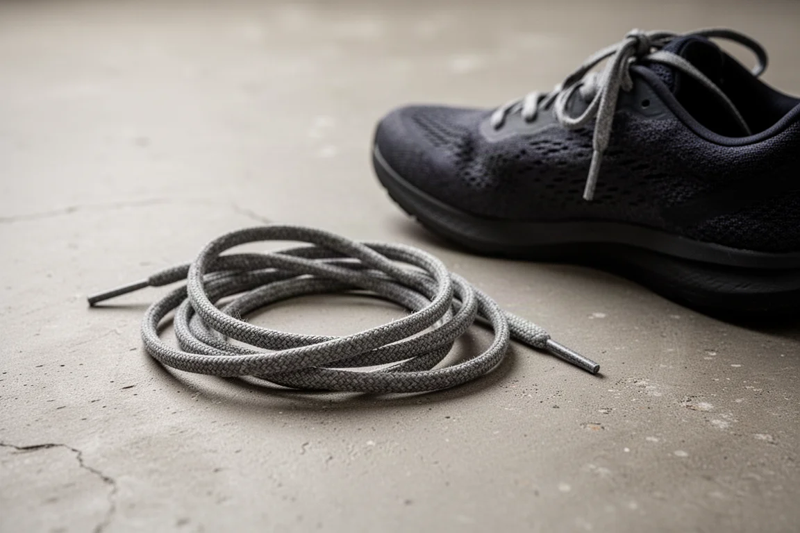Abgenutzte Schnürsenkel aus recyceltem Material, aufgerollt auf Beton neben einem Laufschuh