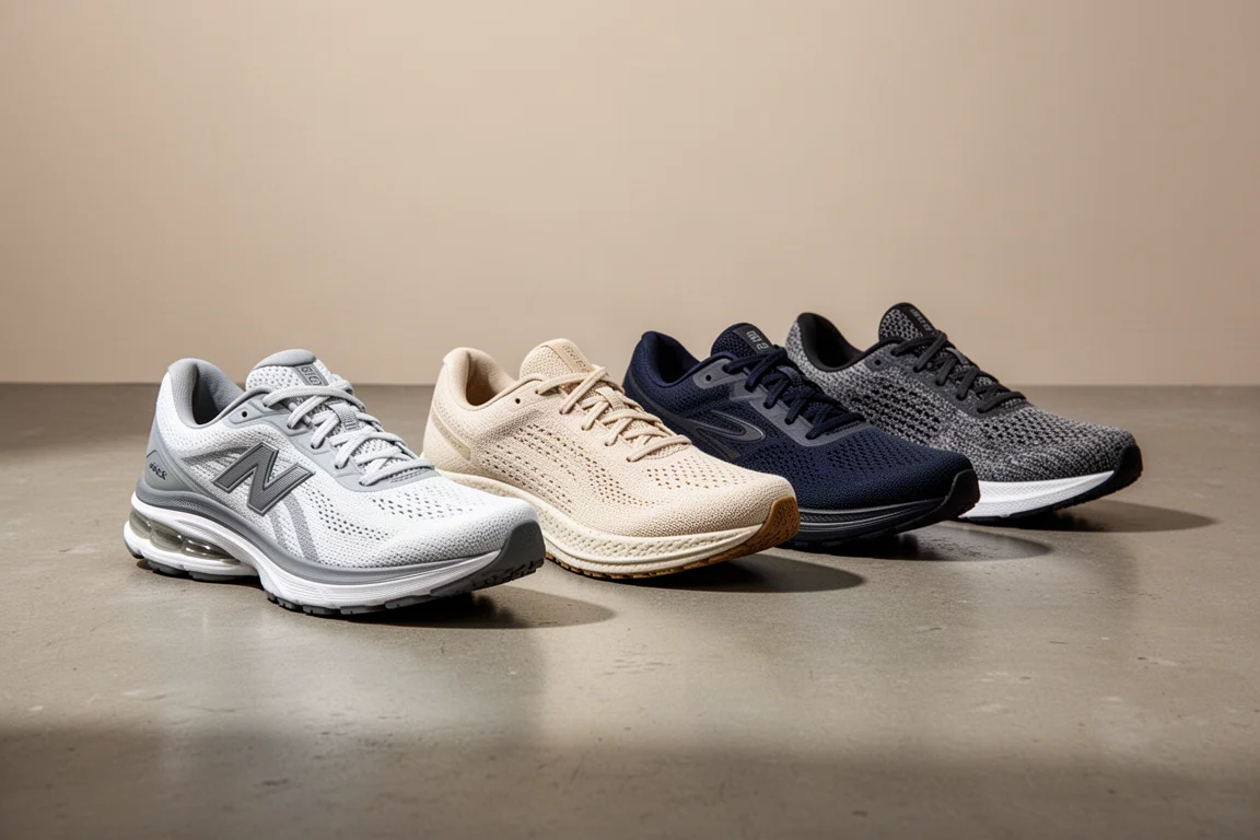 Four running shoes lined up on a matte concrete surface