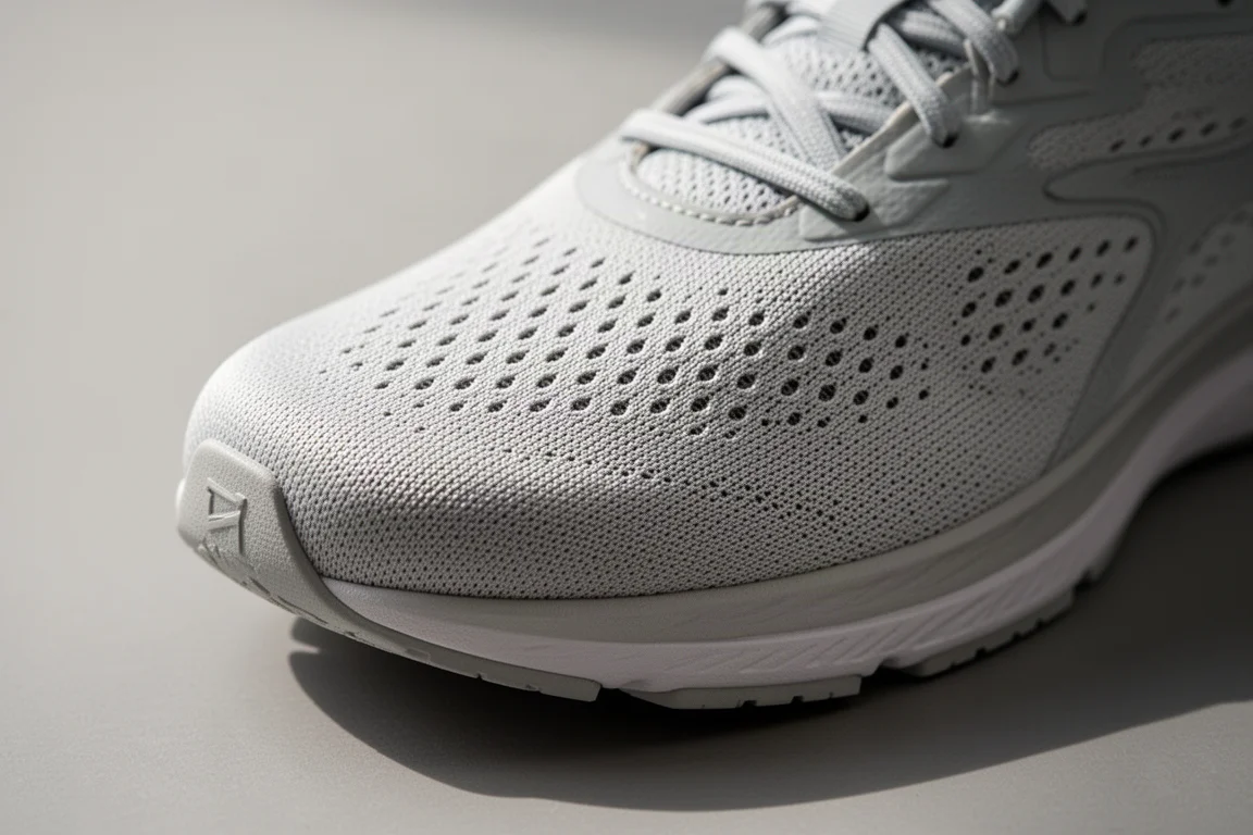 Nahaufnahme eines perforierten Laufschuh-Obermaterials mit atmungsaktivem Mesh