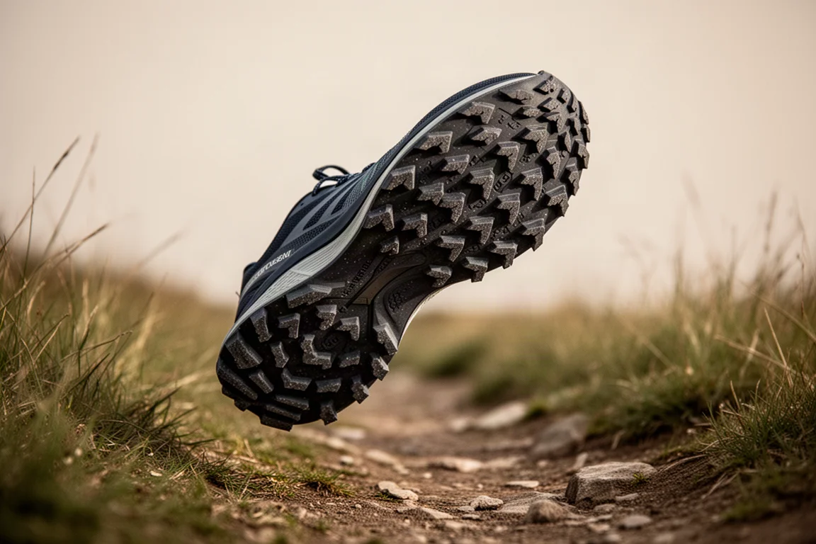 Außensohle eines Trailrunningschuhs mit dichten Gummistollen im Gras