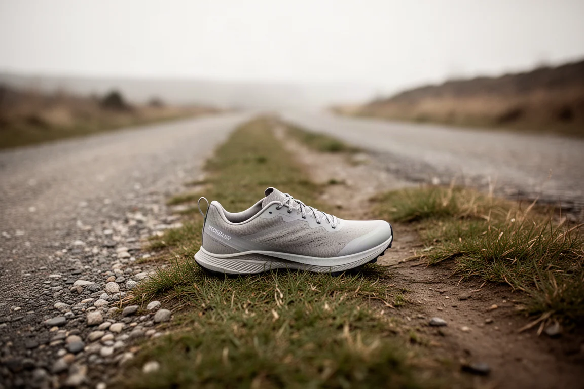 Minimalistischer Trailschuh auf einem Rasen- und Kiesweg neben einer Straße