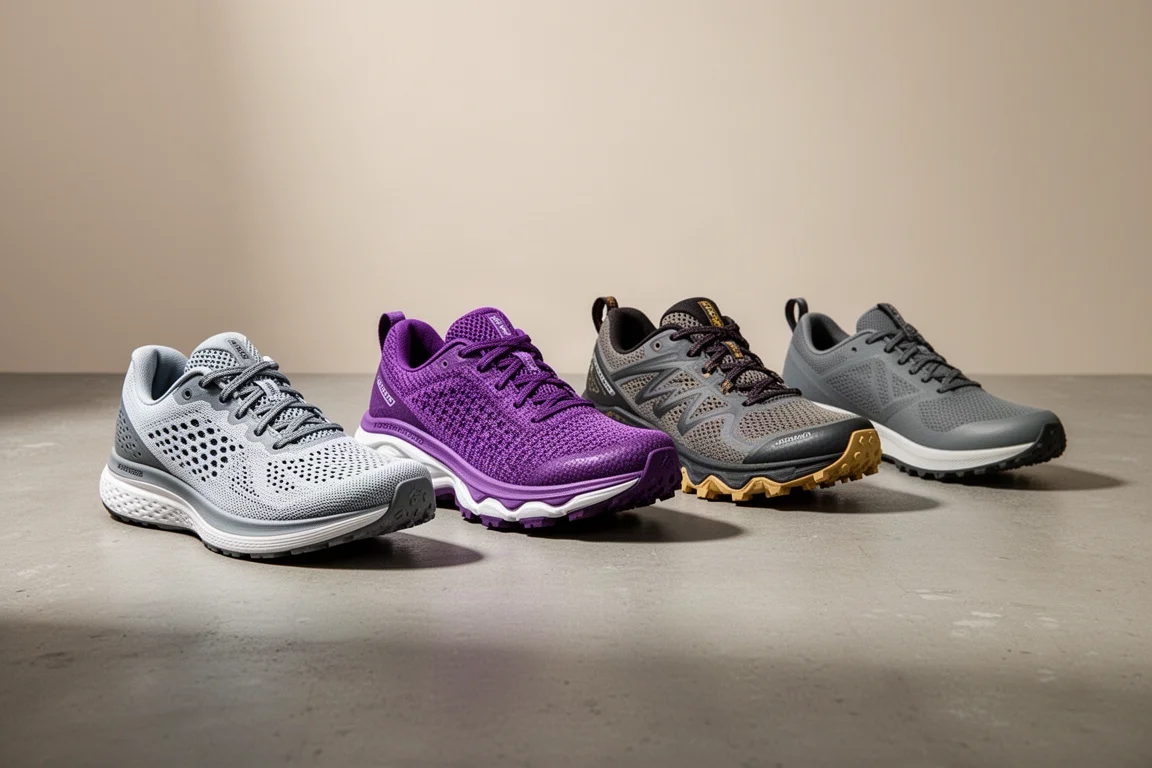Four running shoes of different styles lined up on a concrete surface