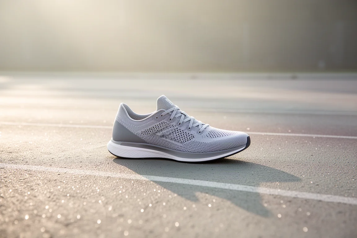 Tempo-Laufschuh am Rand eines überfluteten Wegs mit reflektierenden Pfützen in der Dämmerung