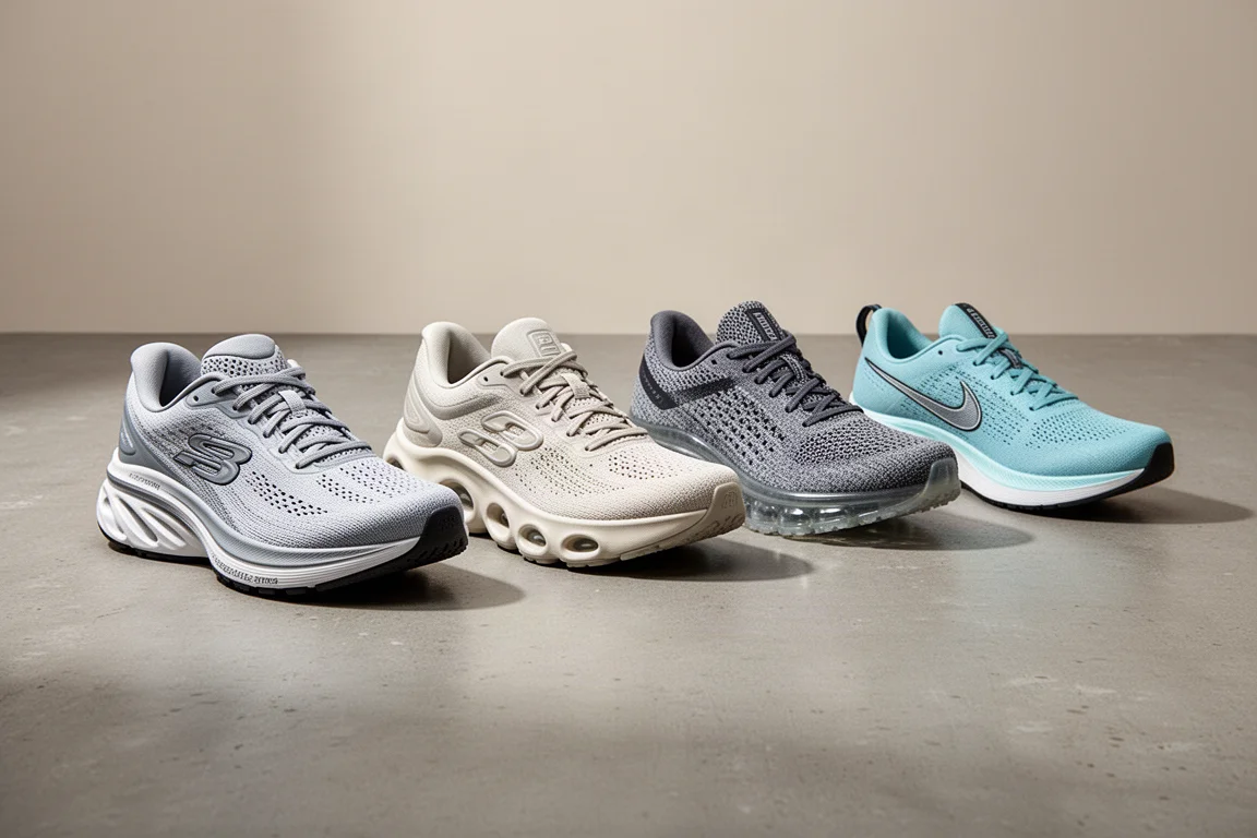 Four running shoes including a carbon racer, winter trainer, cushioned trainer and tempo shoe on concrete