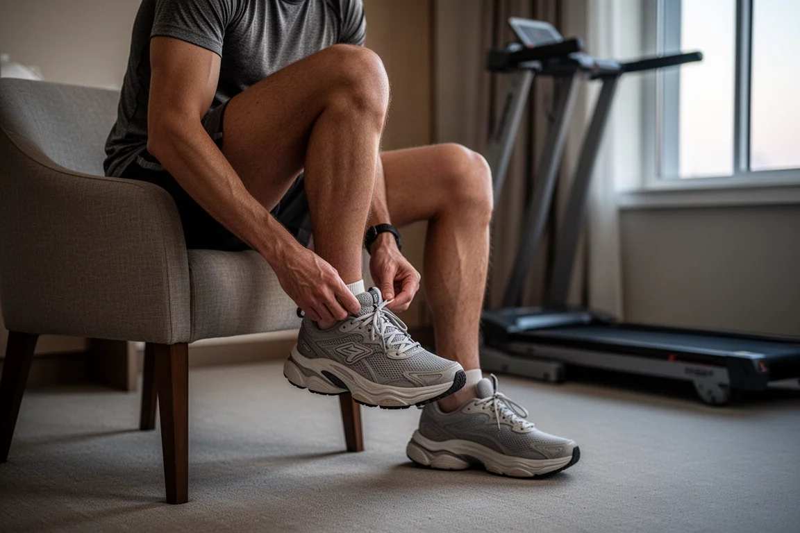 Un corridore allaccia le scarpe da running ammortizzate in una camera d'albergo prima di una seduta su tapis roulant al mattino presto