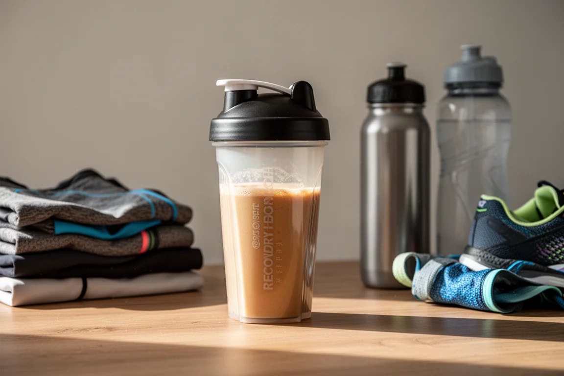 Una shaker mescola una bevanda da recupero accanto all'attrezzatura da running dopo un allenamento