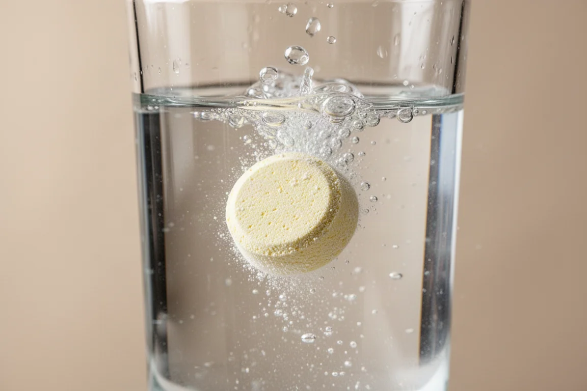 Una compressa di elettroliti cade in un bicchiere d'acqua con una leggera effervescenza