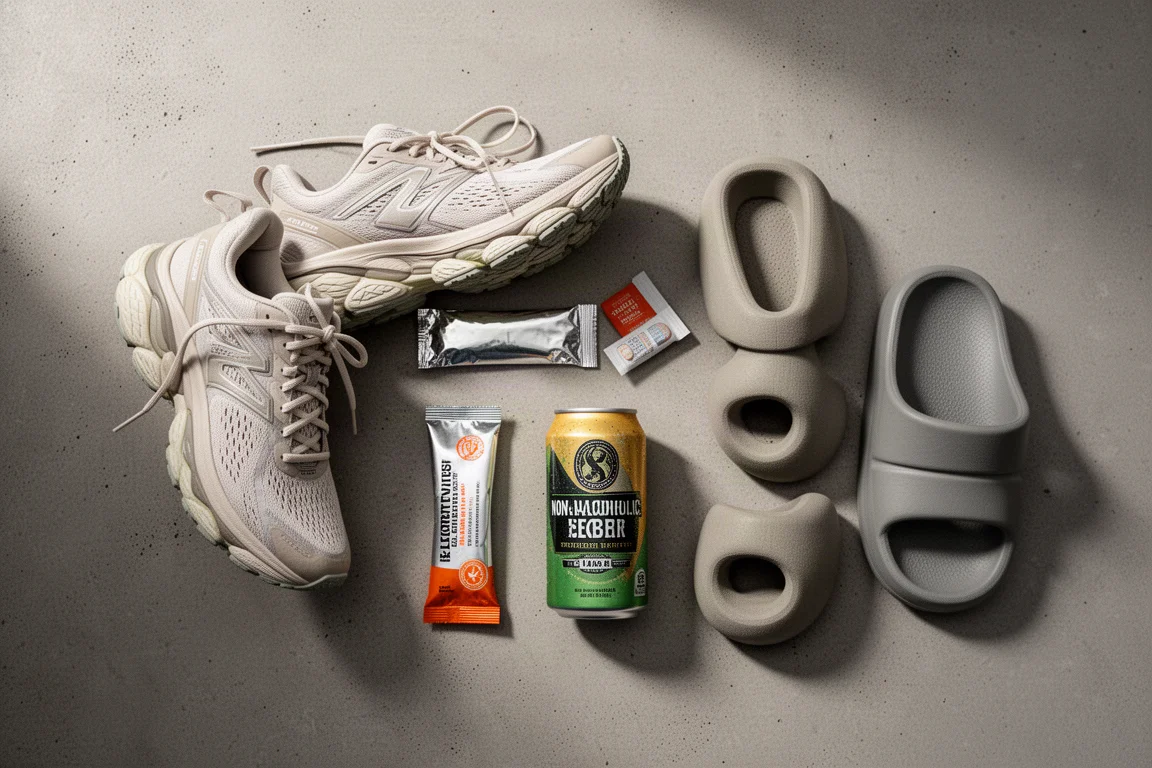 Flat-lay of running recovery gear including a cushioned shoe, drink mix, electrolyte tablets, a non-alcoholic beer can, and foam recovery slides