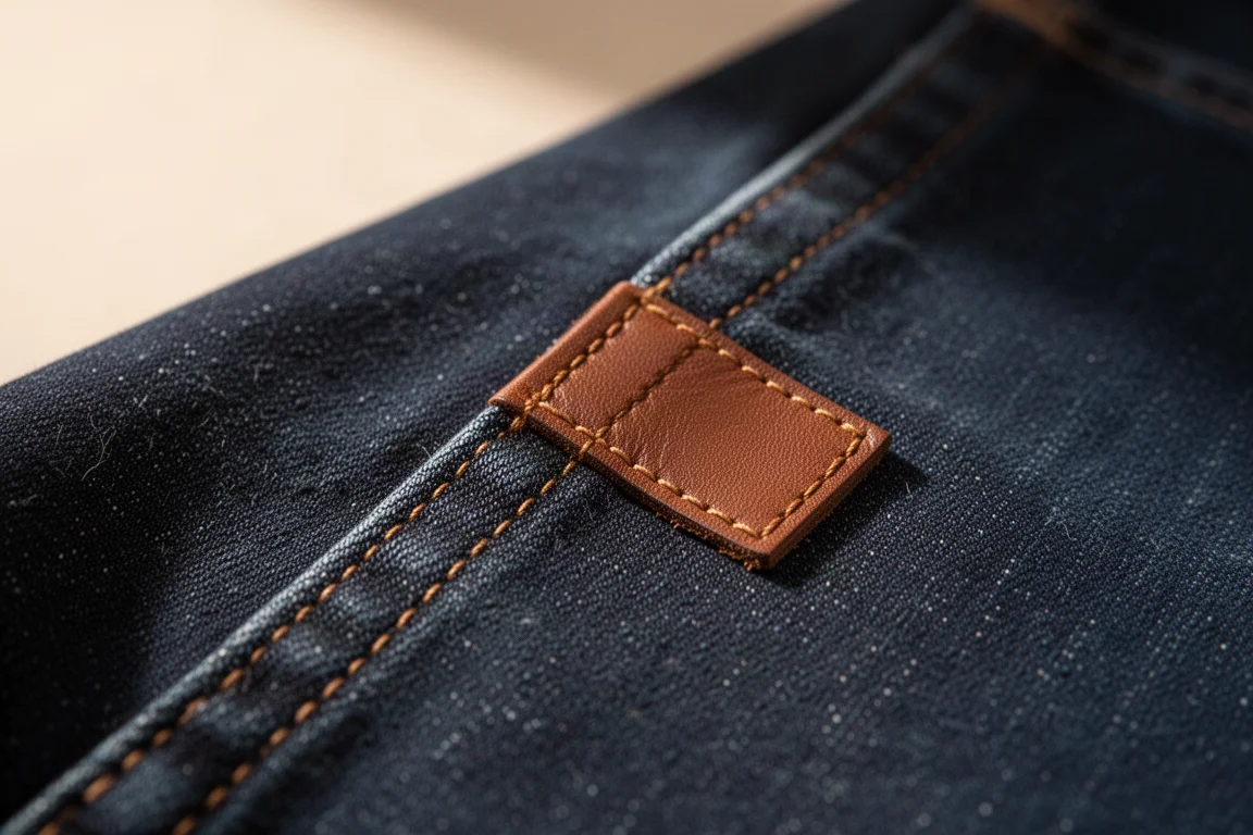 Close-up of indigo denim fabric showing soft texture and visible stitching