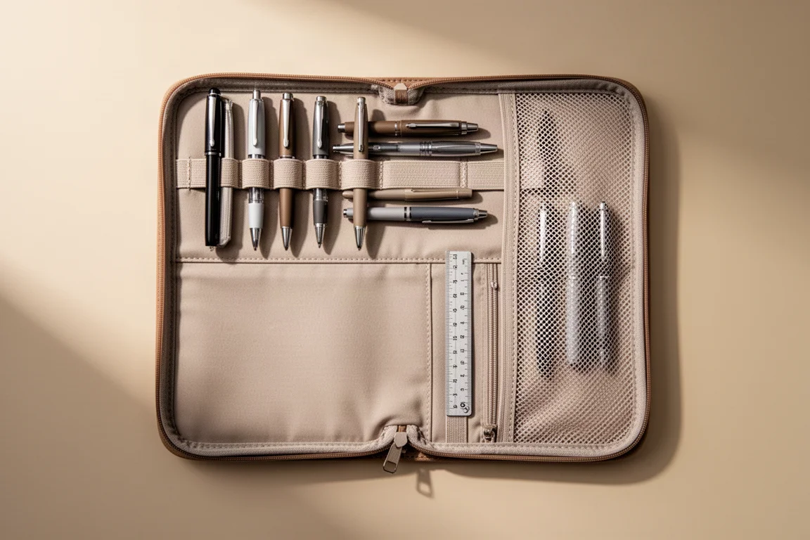 Open pen case interior showing elastic pen holders and mesh pocket