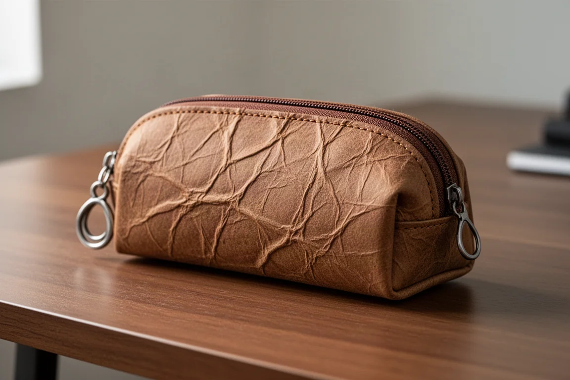 Brown pen case with crumpled craft paper texture on a wooden desk