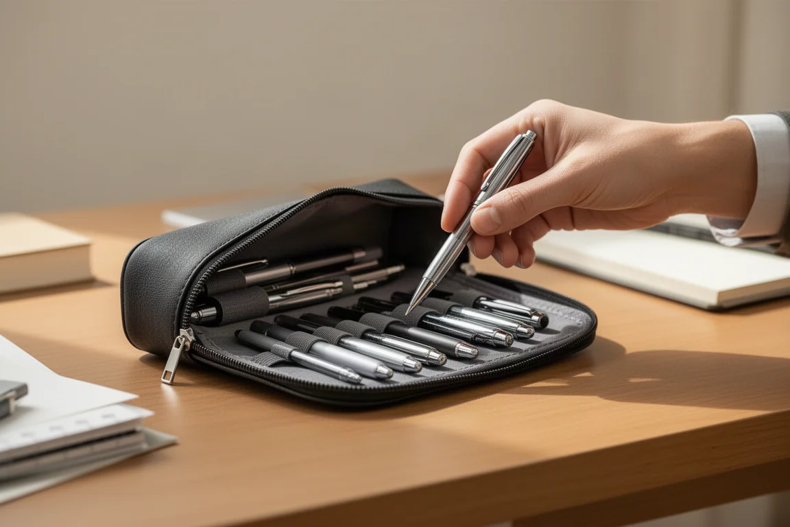 Pen case propped open on a desk with pens visible inside during use