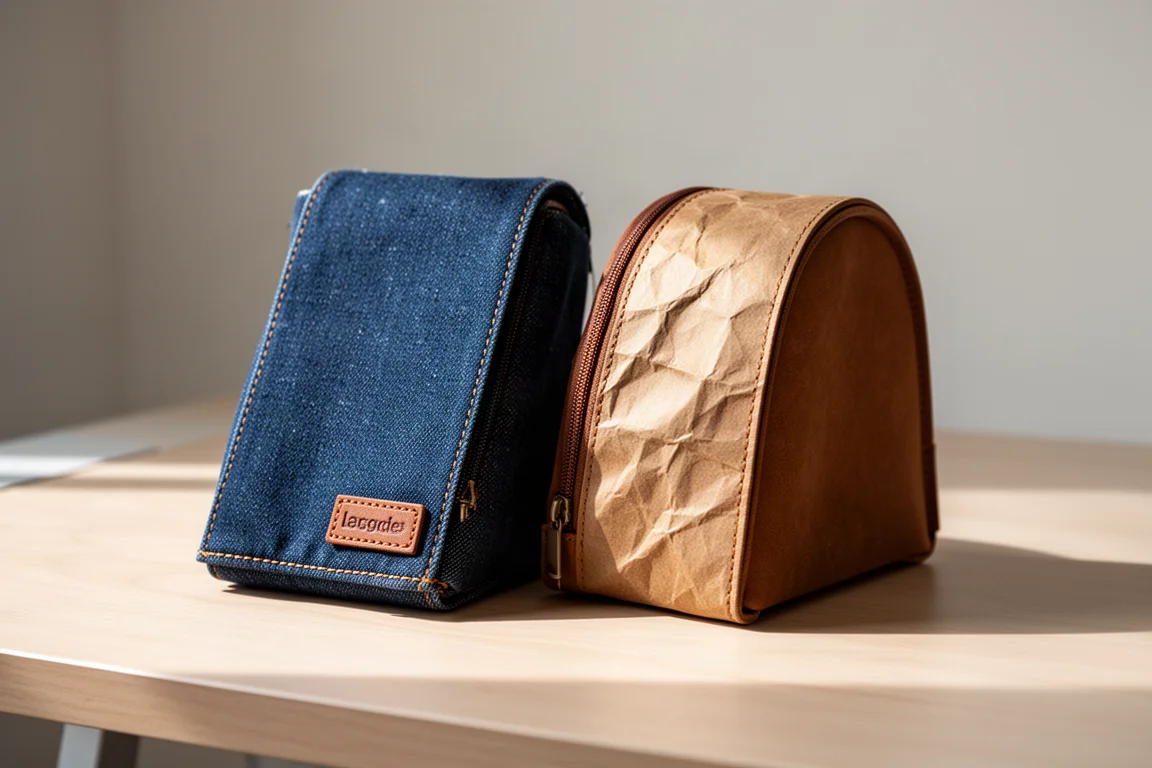Indigo denim pen case and brown paper-texture pen case side by side on a wooden desk