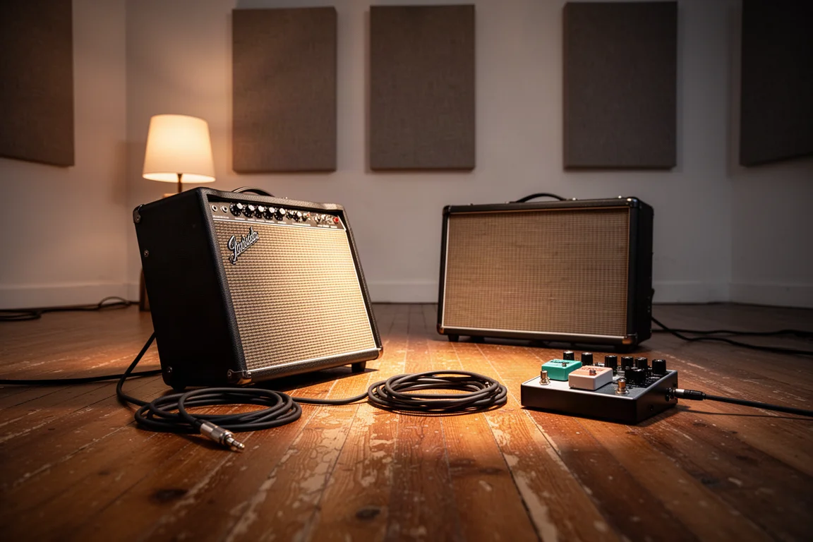 Sala de grabación con un amplificador de guitarra en un suelo de madera al atardecer