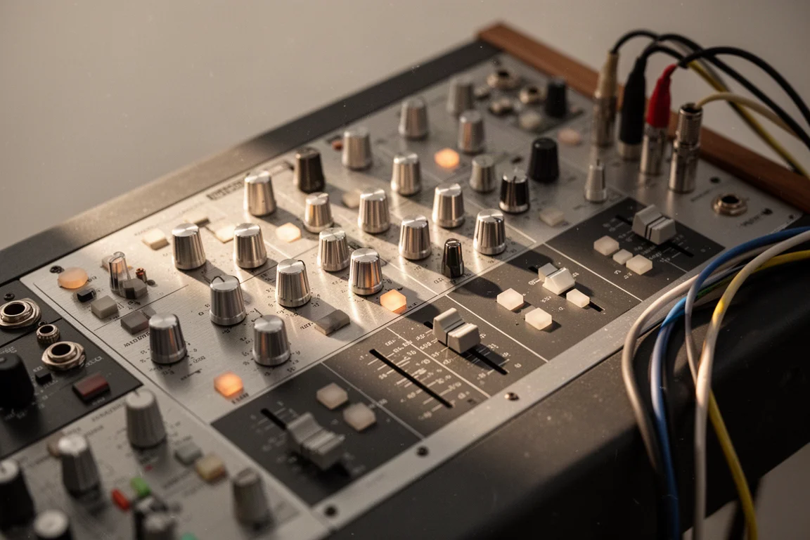Detalle cenital de una consola de grabación analógica con filas de mandos y faders
