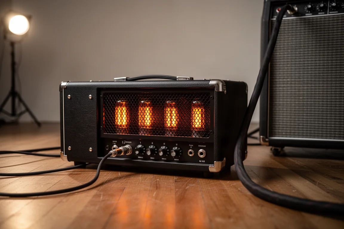 Amplificador de guitarra a válvulas con las válvulas incandescentes en el suelo del estudio