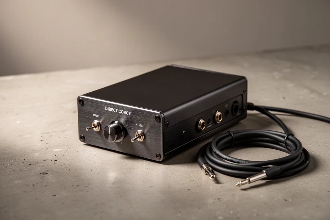 Compact dark metal direct box with switches and connectors beside a coiled cable