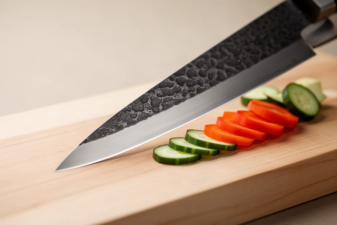 Kiritsuke-Klingenspitze ruht auf einem hölzernen Schneidebrett neben frischen Zutaten