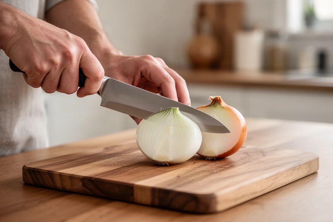 Koch schneidet eine Zwiebel mit Wiegebewegung auf einer Küchenarbeitsplatte