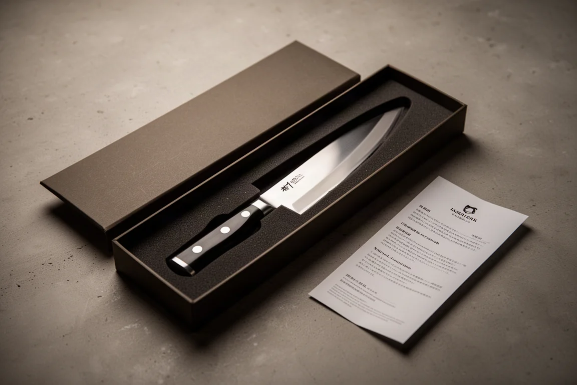 Kiritsuke-Messer in gepolsterter Geschenkverpackung mit Begleitheft