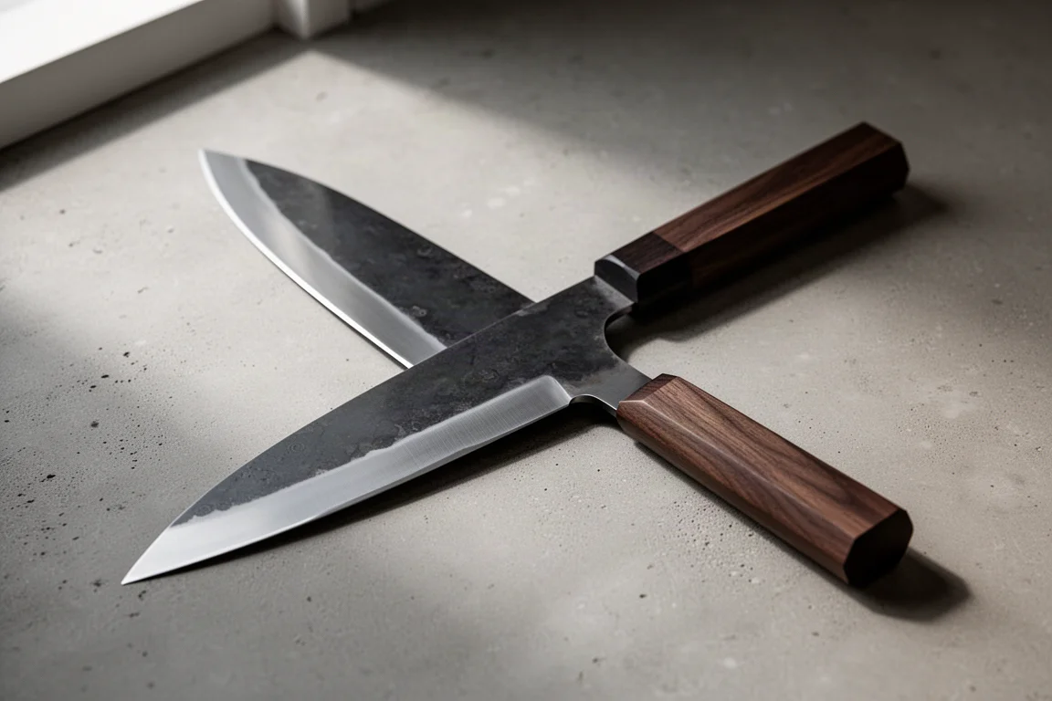 Rusin Hamono Blazen 210mm kiritsuke knife on matte concrete surface