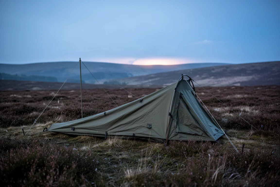 Flach getarnter Bivvy-Unterschlupf auf einem Waldboden in der Dämmerung aufgebaut